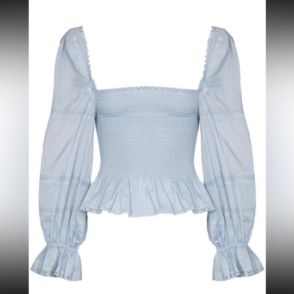 Reformation Roland top in mineral blue smocked long-sleeve blouse size XL
